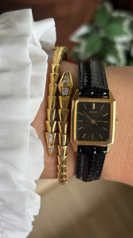 Vintage Seiko Mini Tank Women’s Dress Watch in Black Leather Strap Black Dial