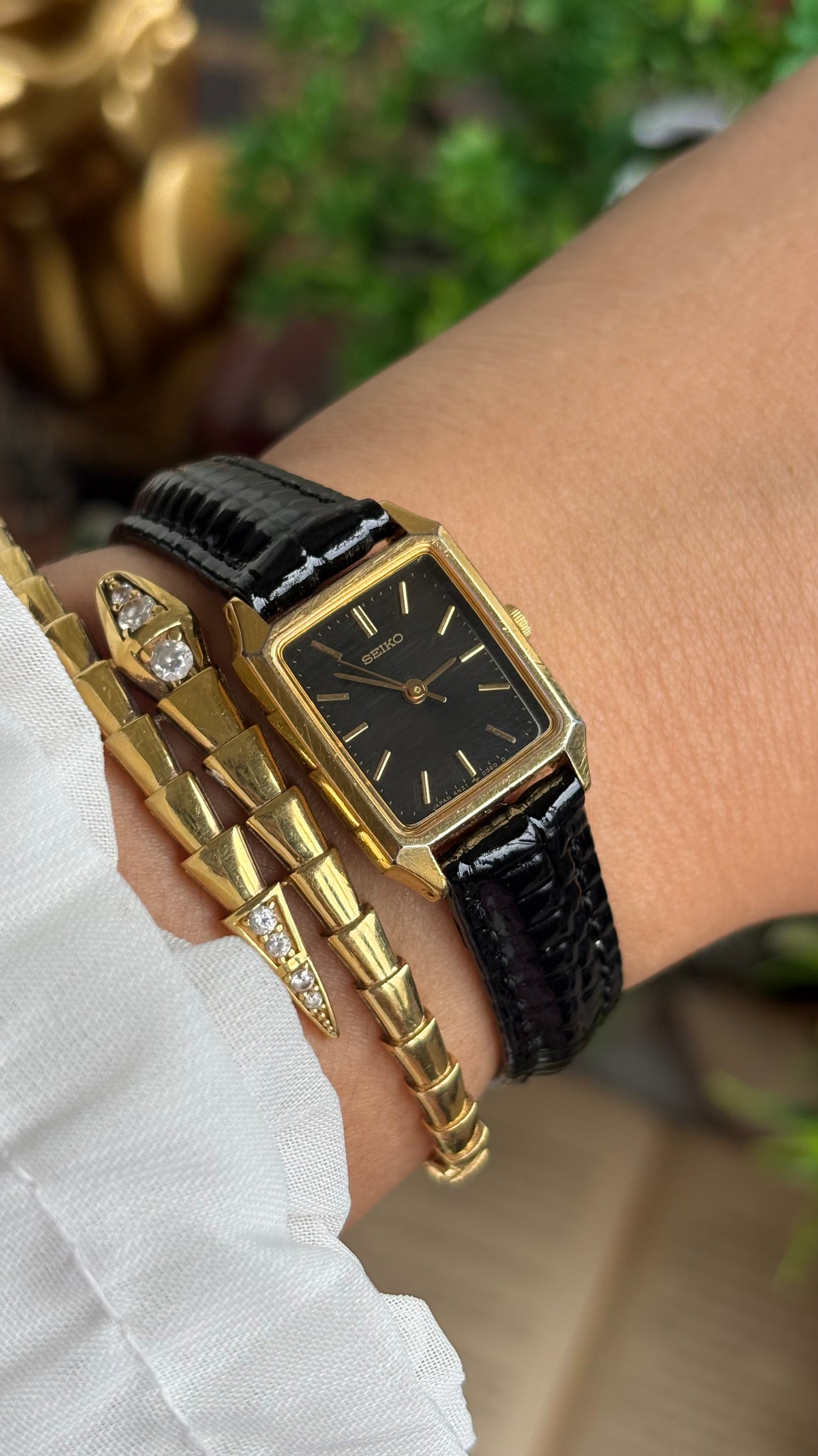 Vintage Seiko Mini Tank Women’s Dress Watch in Black Leather Strap Black Dial