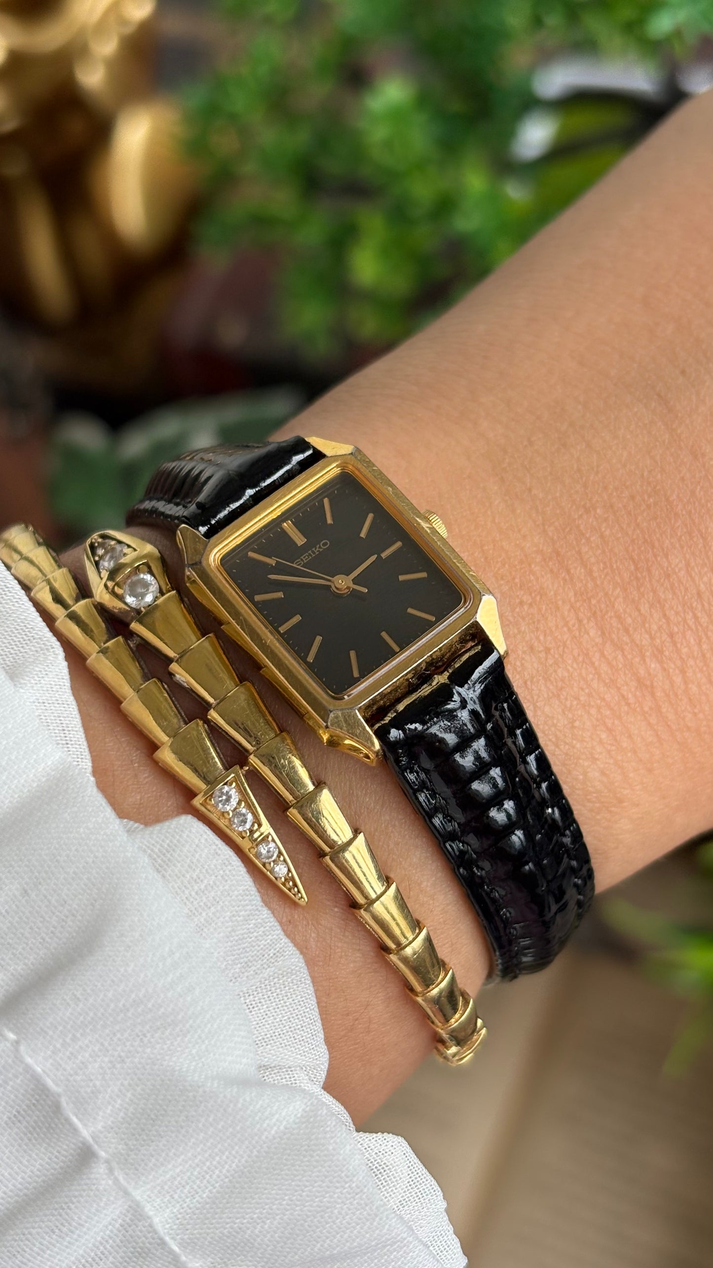 Vintage Seiko Mini Tank Women’s Dress Watch in Black Leather Strap Black Dial