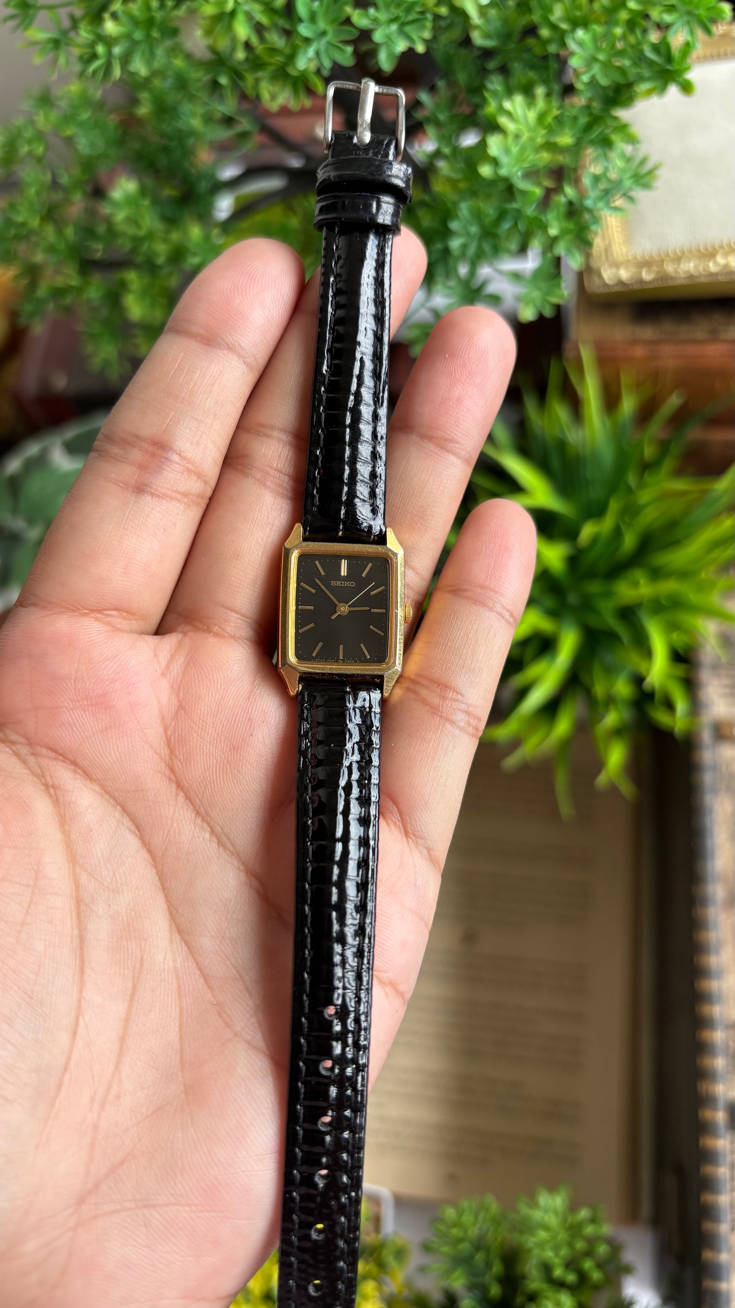 Vintage Seiko Mini Tank Women’s Dress Watch in Black Leather Strap Black Dial