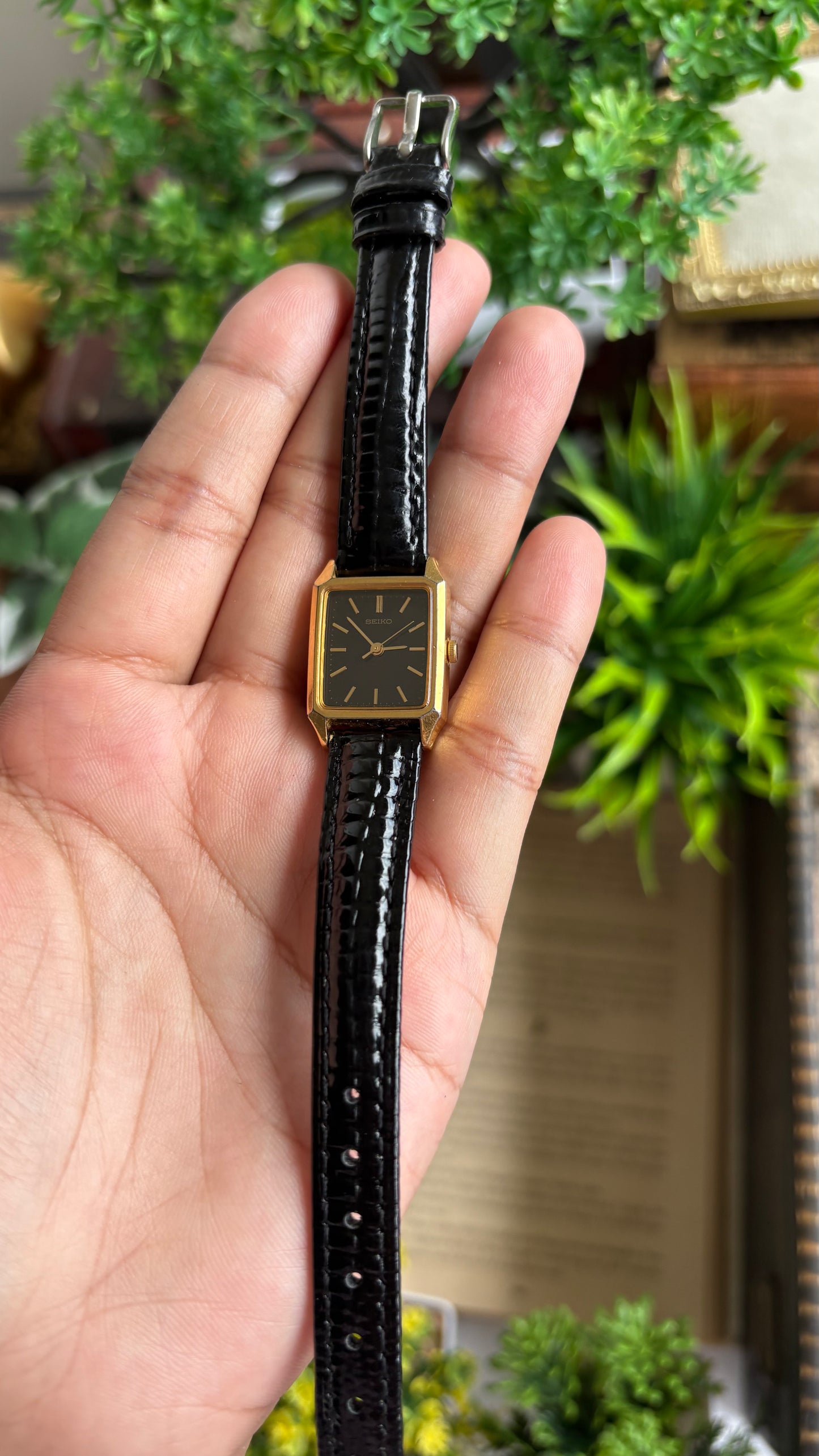Vintage Seiko Mini Tank Women’s Dress Watch in Black Leather Strap Black Dial