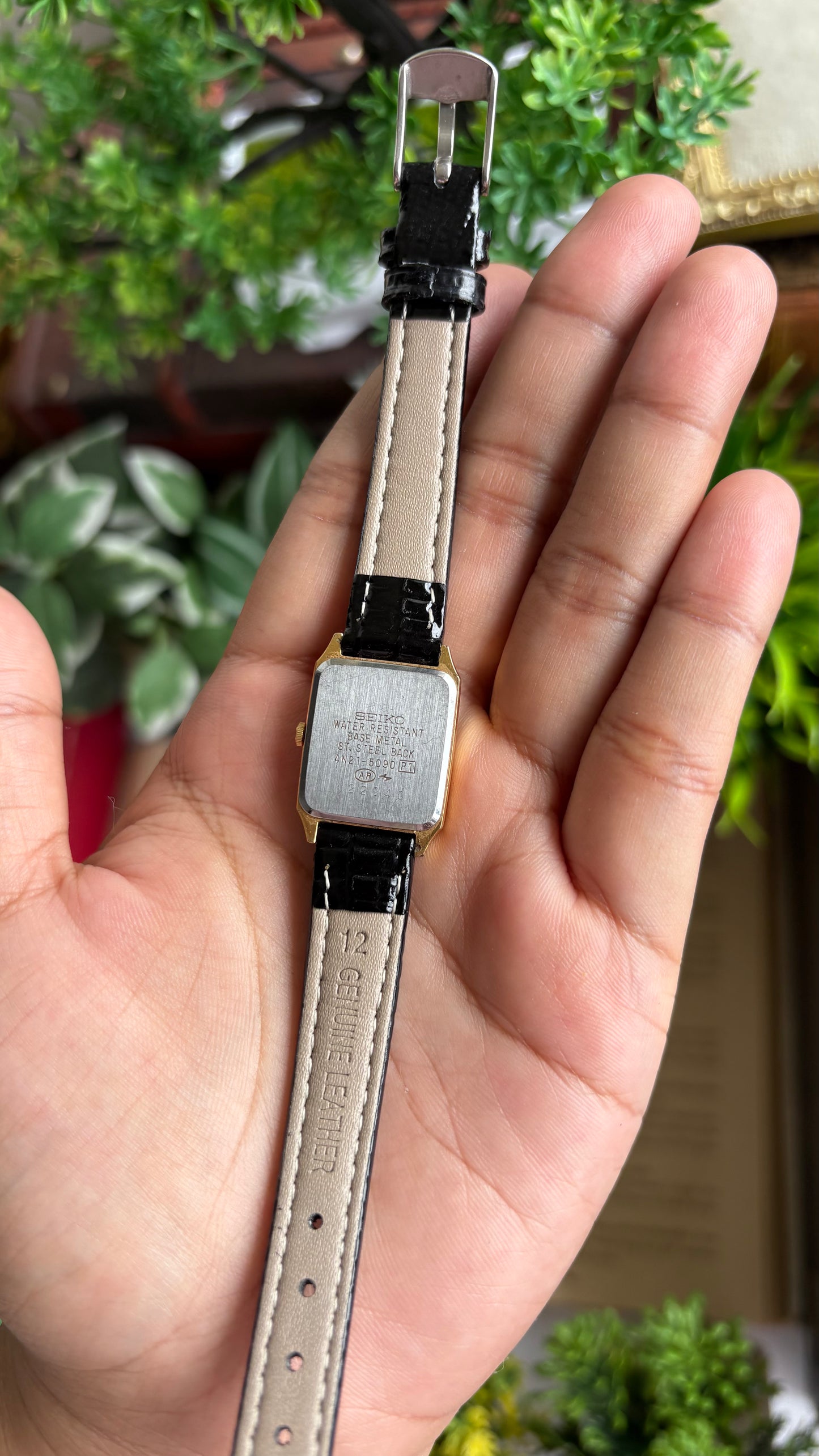 Vintage Seiko Mini Tank Women’s Dress Watch in Black Leather Strap Black Dial