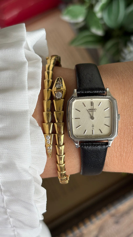 Vintage Seiko Mini Tank Women’s Dress Watch in Black Leather Strap