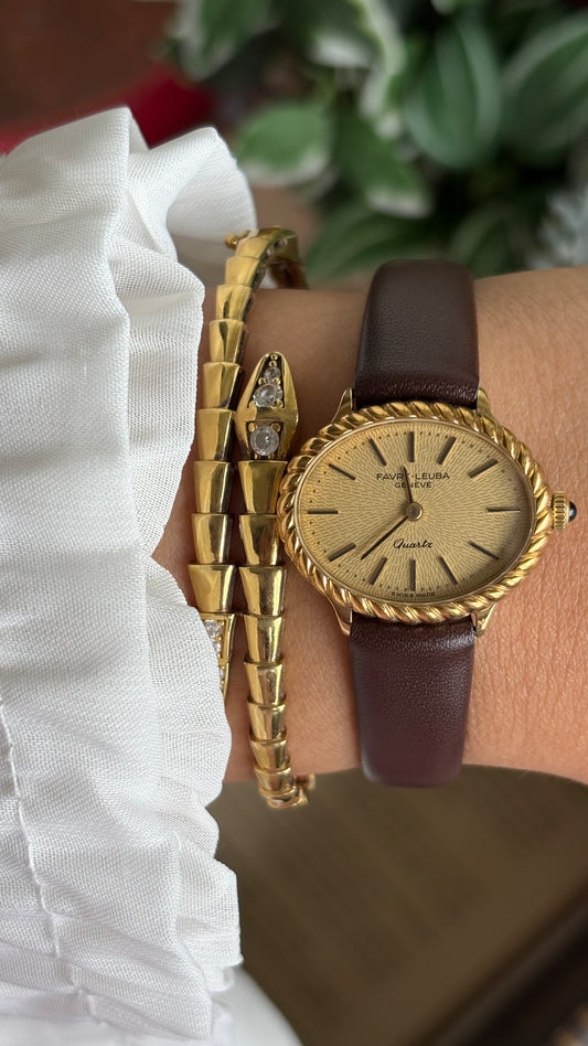 Vintage Favre-Leuba Women’s Dress Watch in Brown Leather Strap Rare Oval Art Deco Dial
