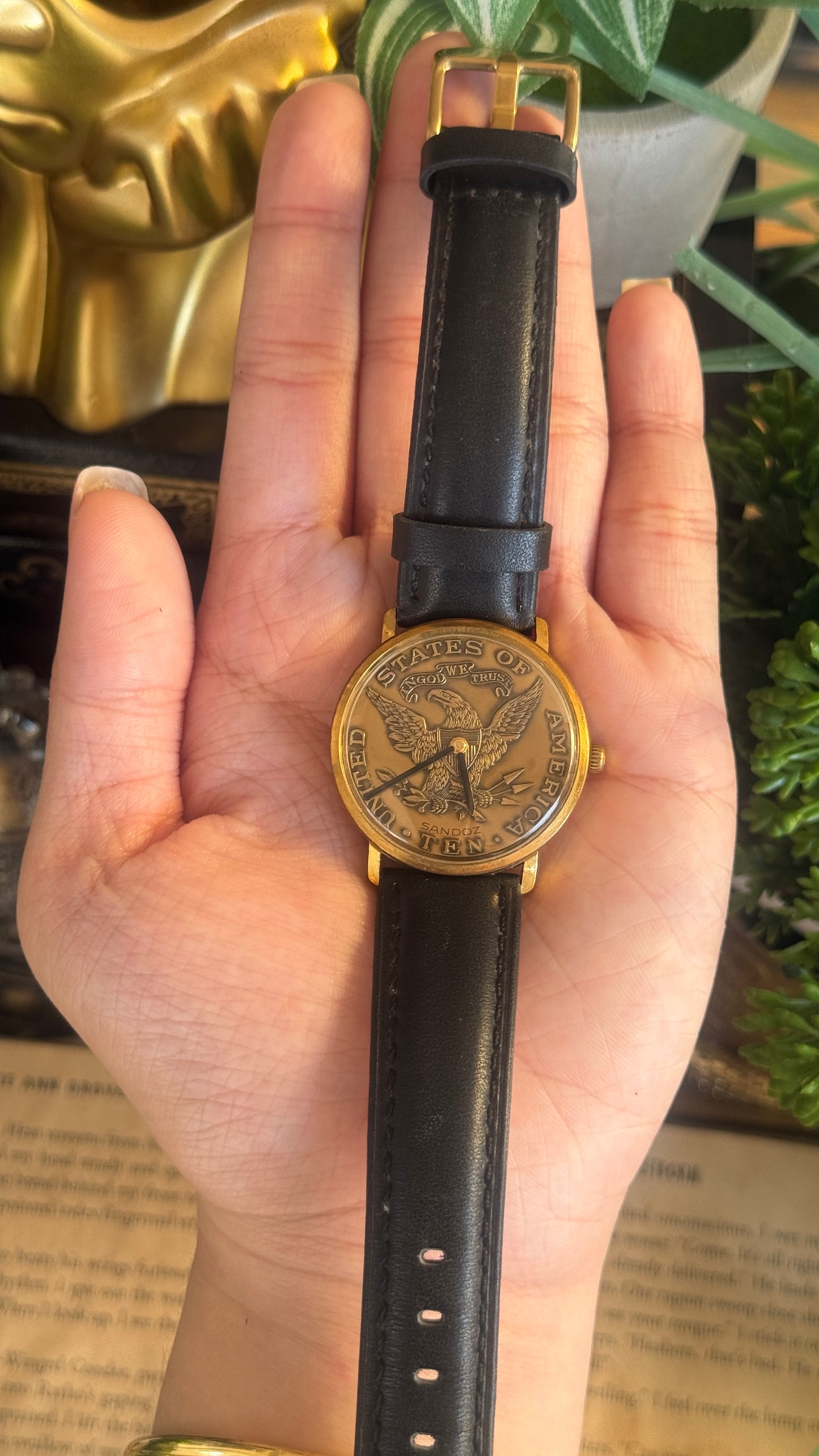 Rare Vintage Sandoz Swiss Mens American Heritage Dial Watch in Brass Gold Tone Quartz