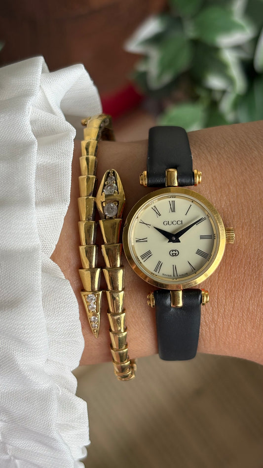 Vintage Gucci Women’s Dress Watch in Black Leather Strap Rare Cherryline Bezel Accent in Roman Dial with Gucci Box