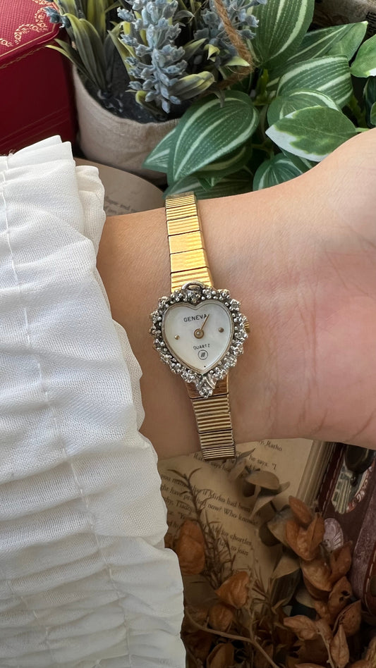 Geneva Dainty Heart Watch in Mother of Pearl Dial with Rhinestones Around the Dial