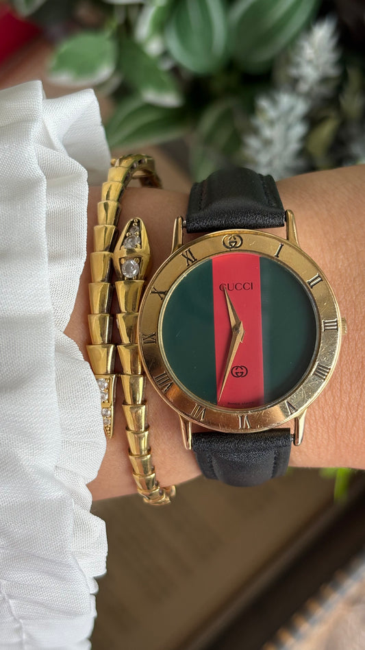 Vintage Gucci Men’s Dress Watch in Black Leather Strap Cherryline Dial with Gucci Box
