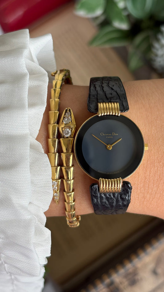Vintage Christian Dior Dress Watch in Black Leather Strap Black Dial