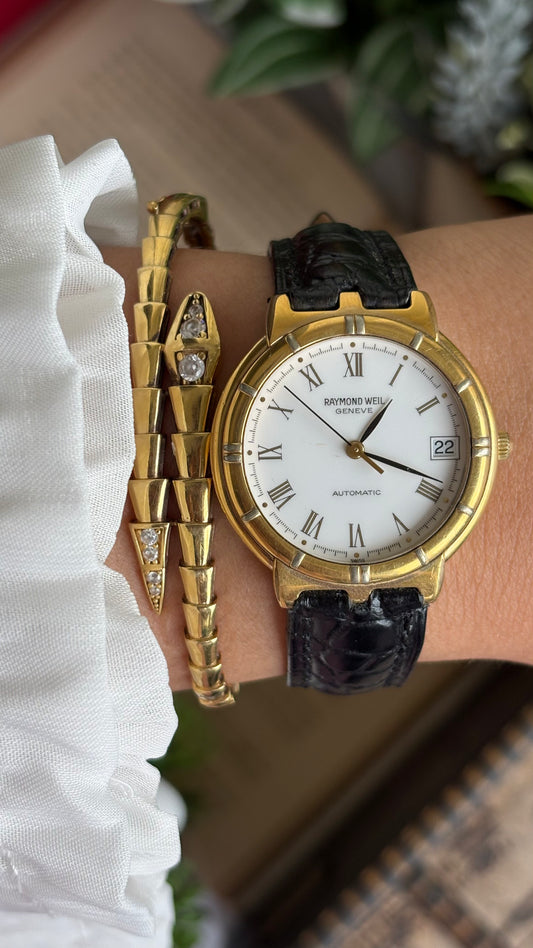Vintage Raymond Weil Automatic Men’s Dress Watch in Black Leather Strap with Window Date Roman Dial