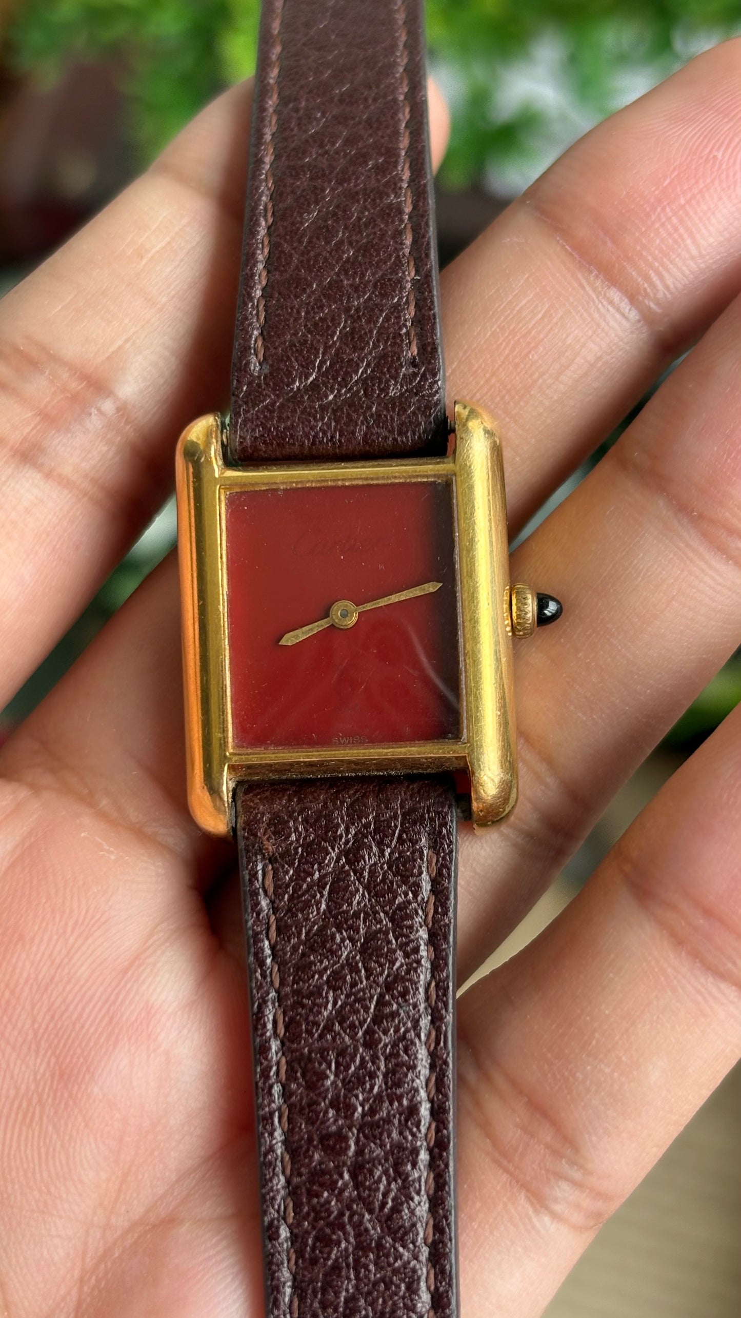 Vintage Cartier Tank Must De Cartier ‘Burgundy' Dial 1970’s Watch in Brown Leather Strap