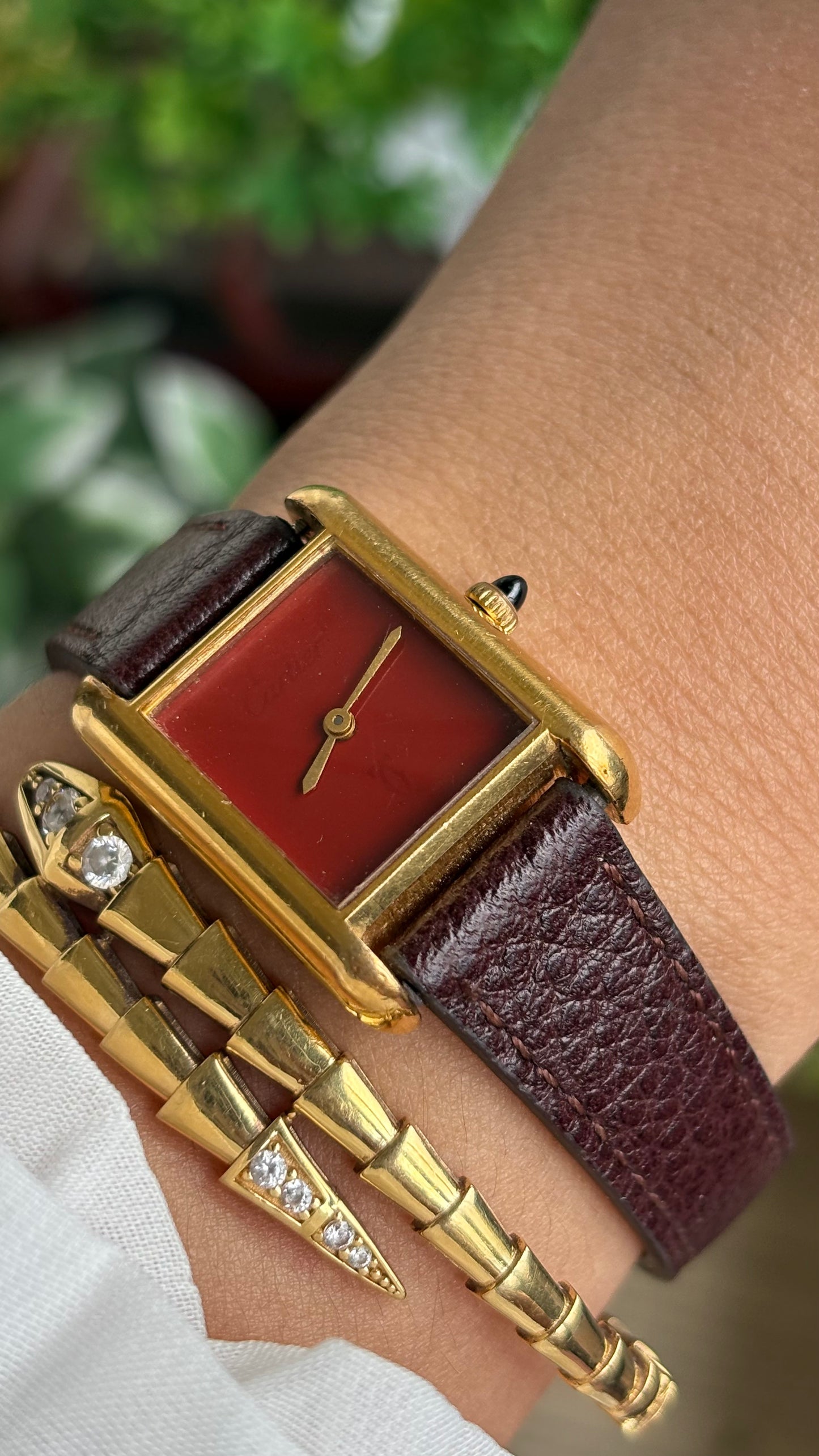 Vintage Cartier Tank Must De Cartier ‘Burgundy' Dial 1970’s Watch in Brown Leather Strap