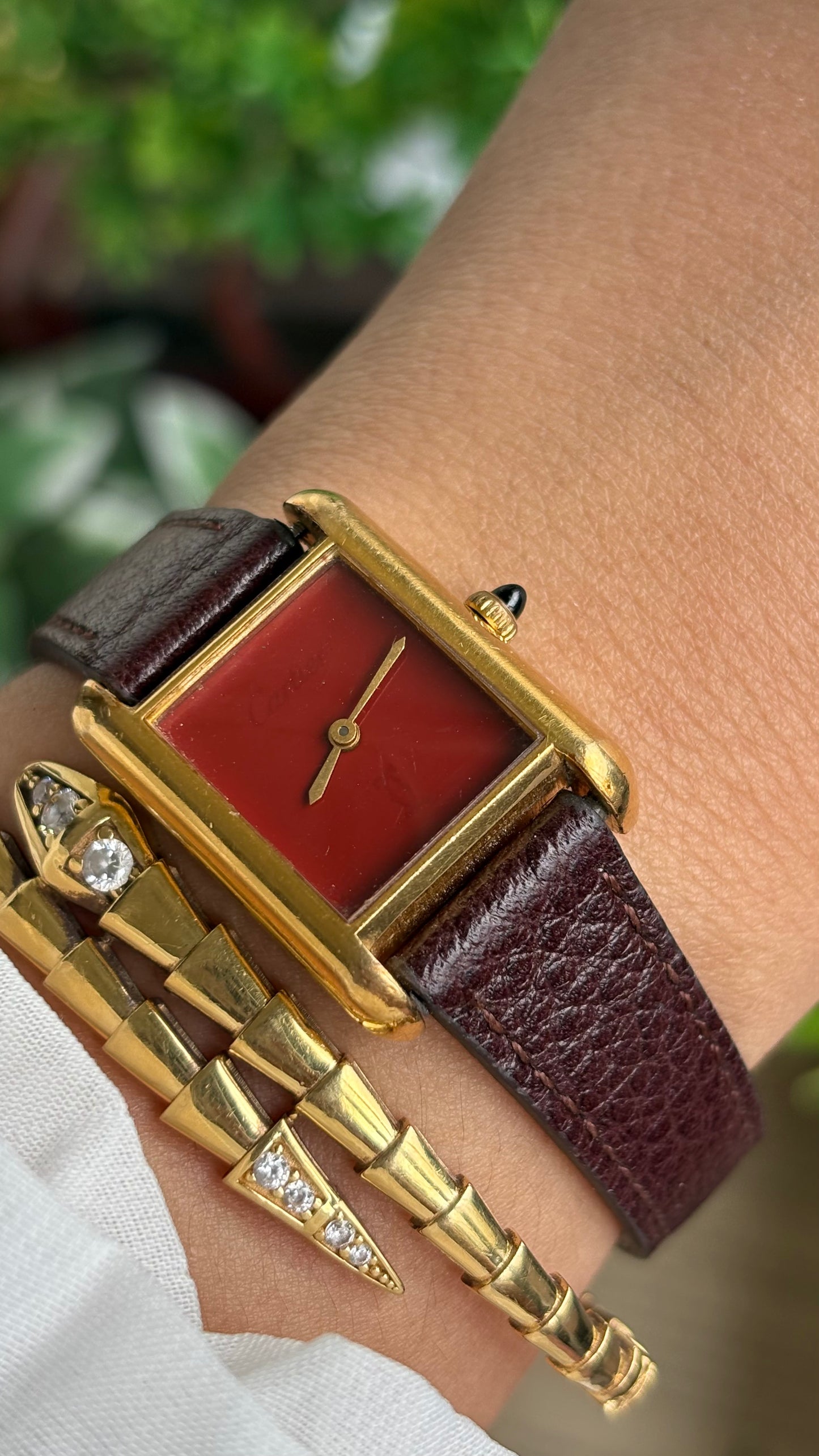 Vintage Cartier Tank Must De Cartier ‘Burgundy' Dial 1970’s Watch in Brown Leather Strap