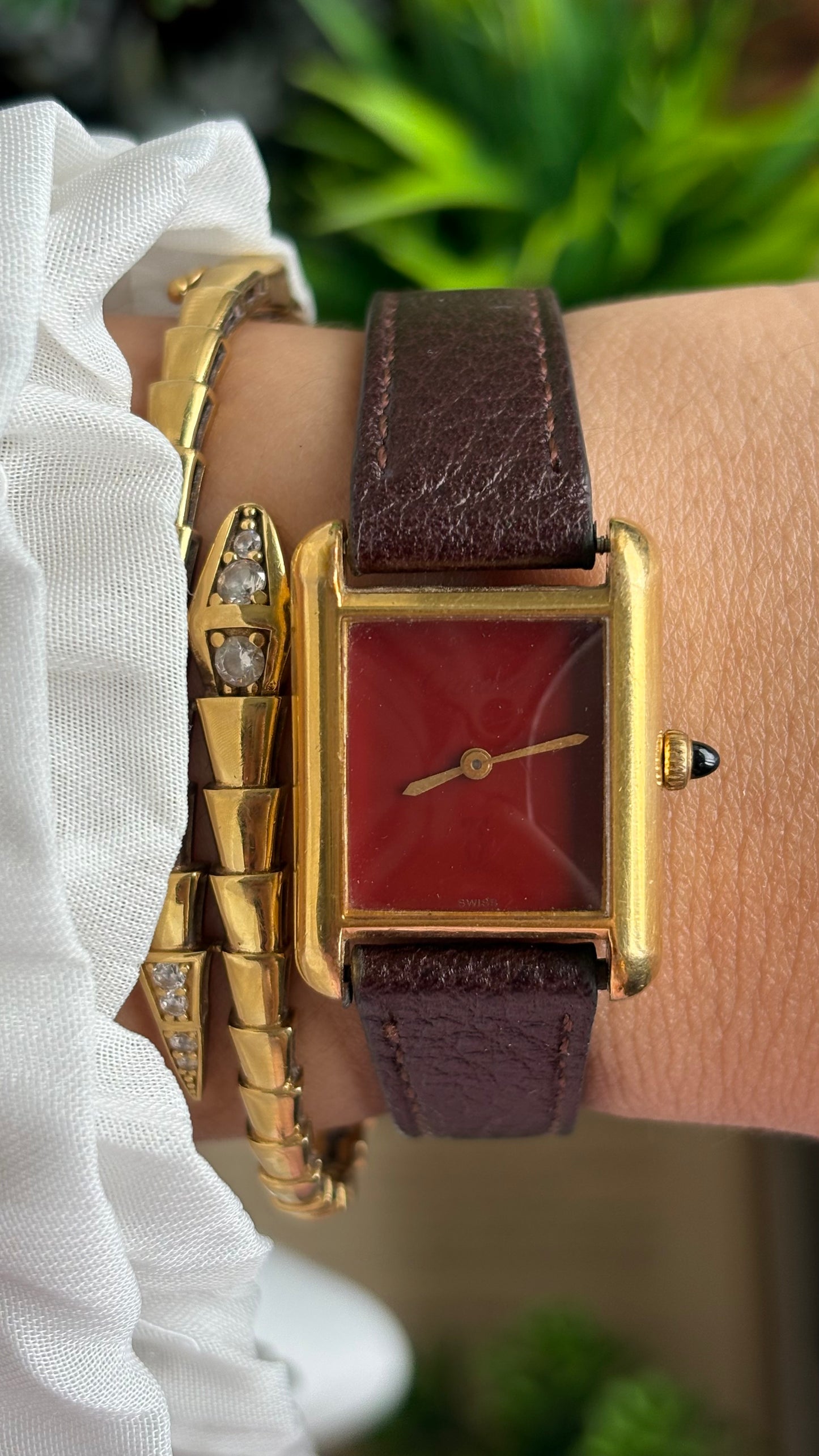 Vintage Cartier Tank Must De Cartier ‘Burgundy' Dial 1970’s Watch in Brown Leather Strap