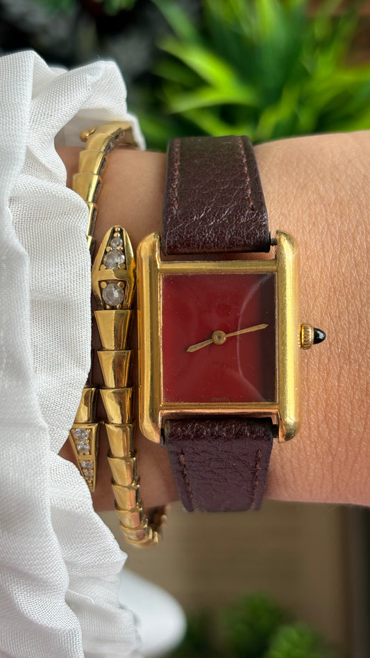 Vintage Cartier Tank Must De Cartier ‘Burgundy' Dial 1970’s Watch in Brown Leather Strap