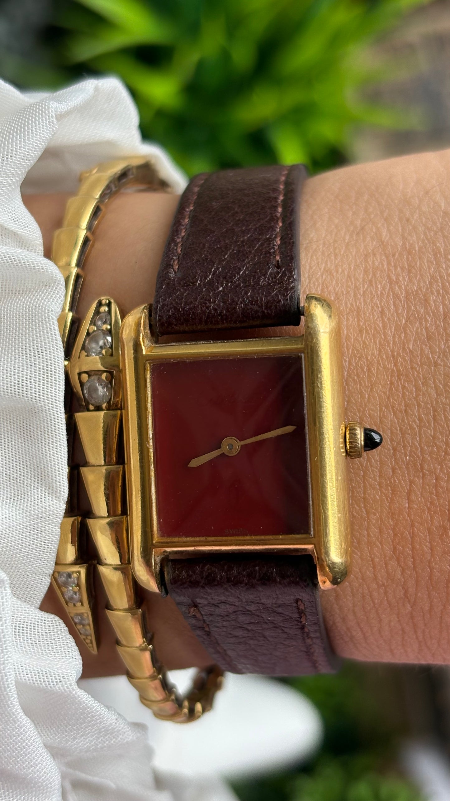 Vintage Cartier Tank Must De Cartier ‘Burgundy' Dial 1970’s Watch in Brown Leather Strap
