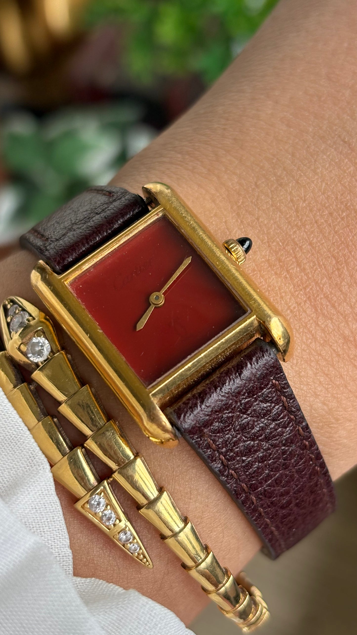 Vintage Cartier Tank Must De Cartier ‘Burgundy' Dial 1970’s Watch in Brown Leather Strap