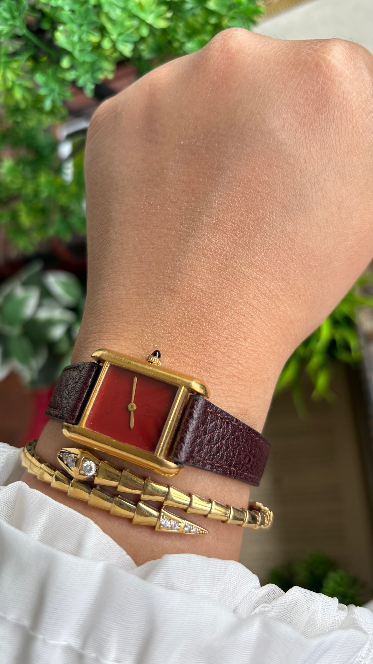 Vintage Cartier Tank Must De Cartier ‘Burgundy' Dial 1970’s Watch in Brown Leather Strap