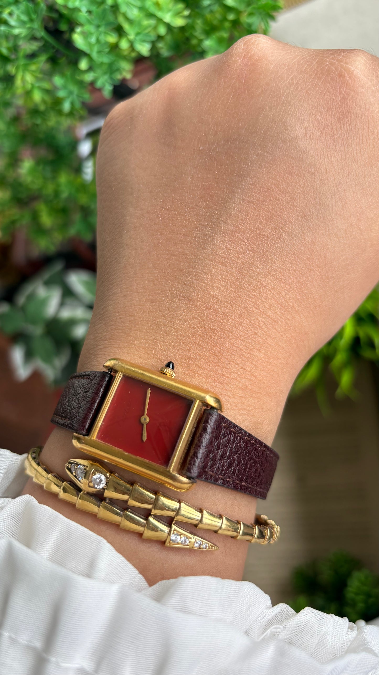 Vintage Cartier Tank Must De Cartier ‘Burgundy' Dial 1970’s Watch in Brown Leather Strap