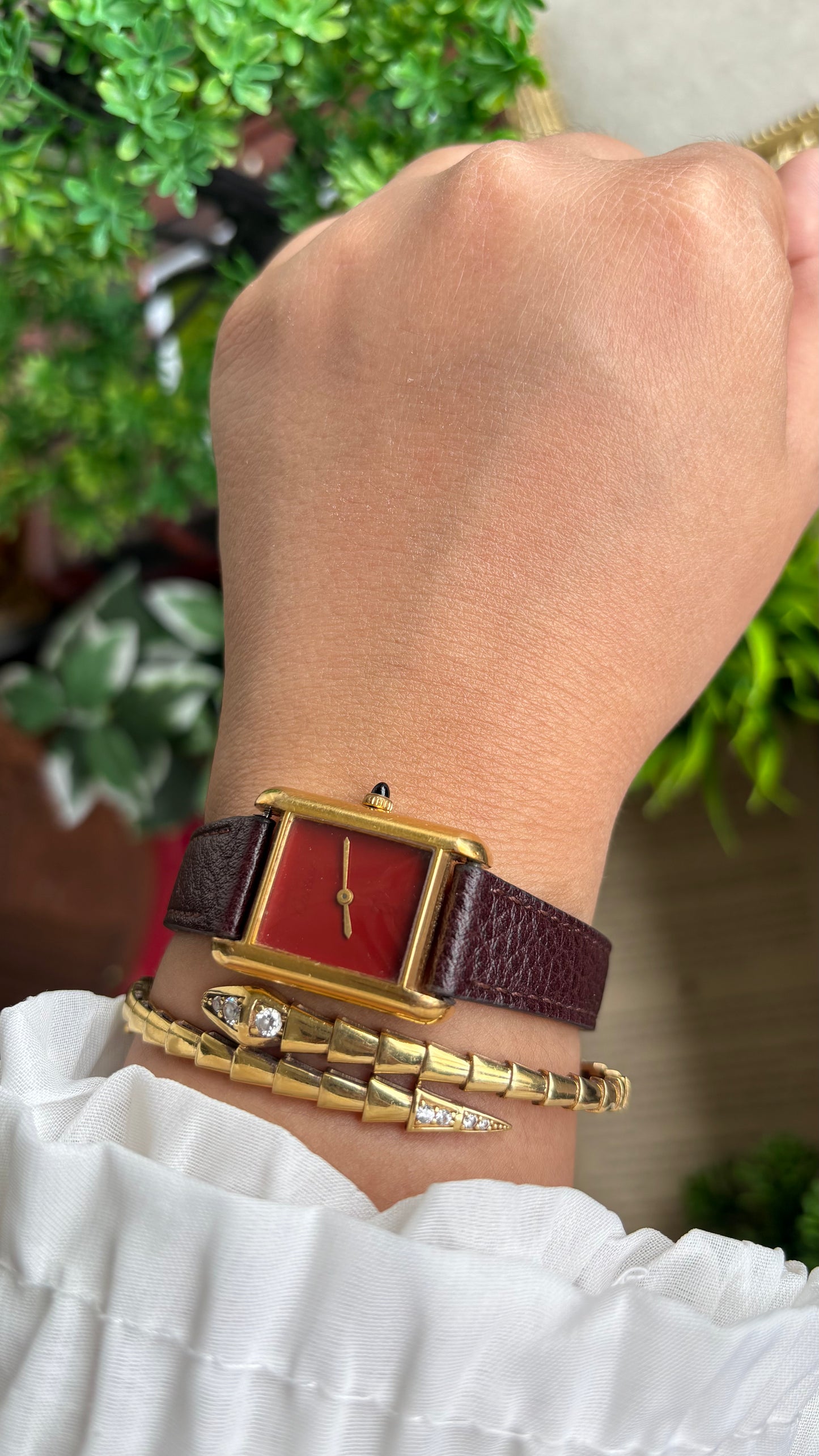 Vintage Cartier Tank Must De Cartier ‘Burgundy' Dial 1970’s Watch in Brown Leather Strap