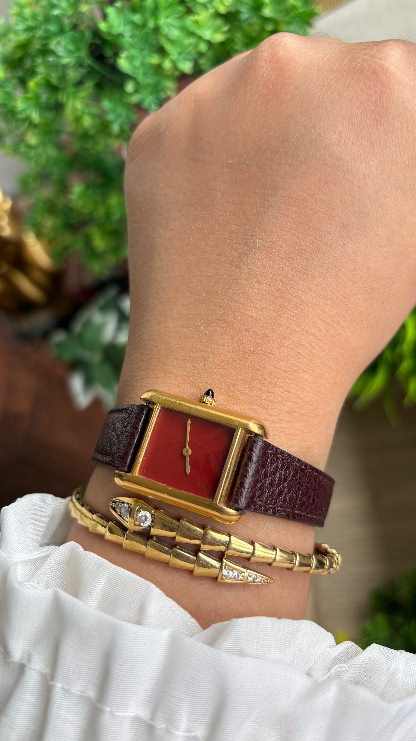 Vintage Cartier Tank Must De Cartier ‘Burgundy' Dial 1970’s Watch in Brown Leather Strap