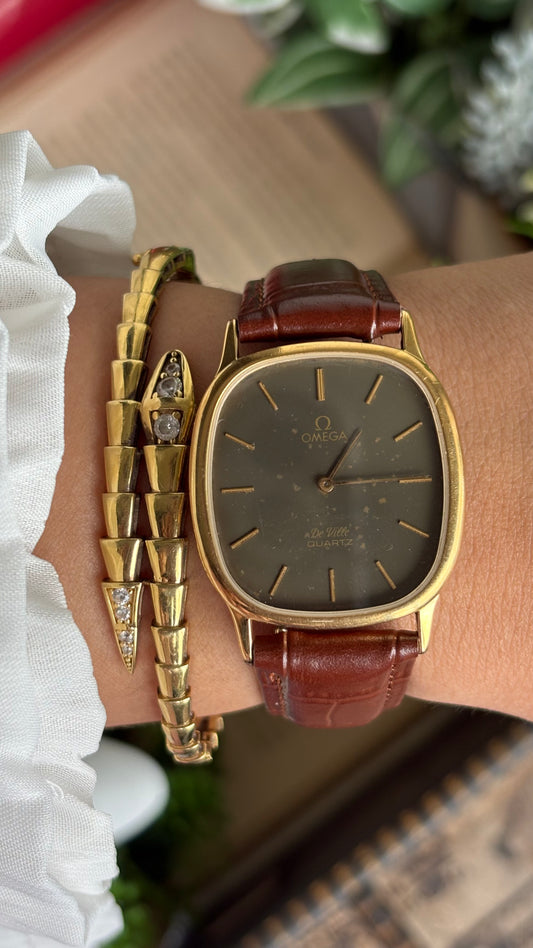 Vintage Omega De Ville Tank Men’s Dress Watch in Brown Leather Strap Black Grey Dial with Omega Box