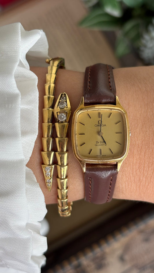 Vintage Omega De Ville Mini Tank Women’s Dress Watch in Brown Leather Strap with Omega Box