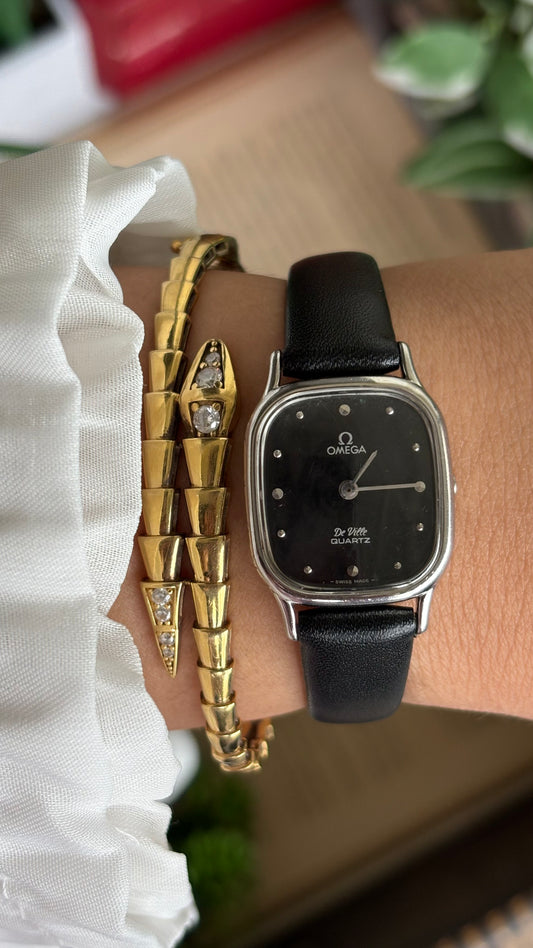 Vintage Omega De Ville Mini Tank Women’s Dress Watch in Black Leather Strap with Omega Box