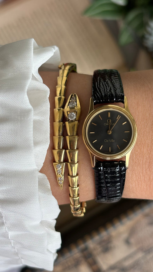 Vintage Omega De Ville Women’s Dress Watch in Black Leather Strap Black Dial with Omega Box