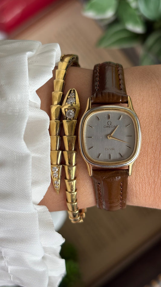 Vintage Omega De Ville Mini Tank Women’s Dress Watch in Black Leather Strap with Omega Box
