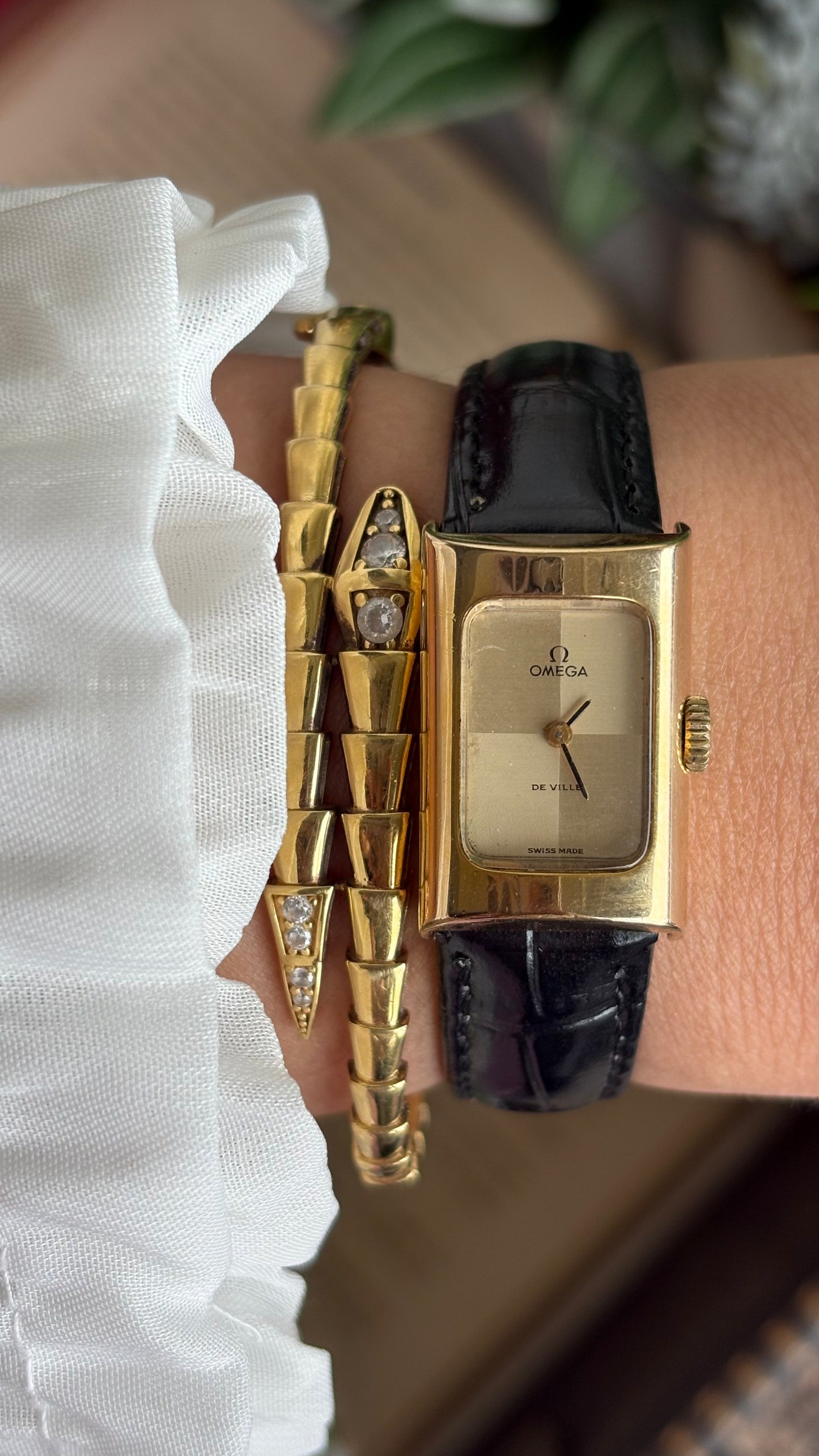 Vintage Omega De Ville Mini Tank Women’s Dress Watch in Black Leather Strap with Omega Box