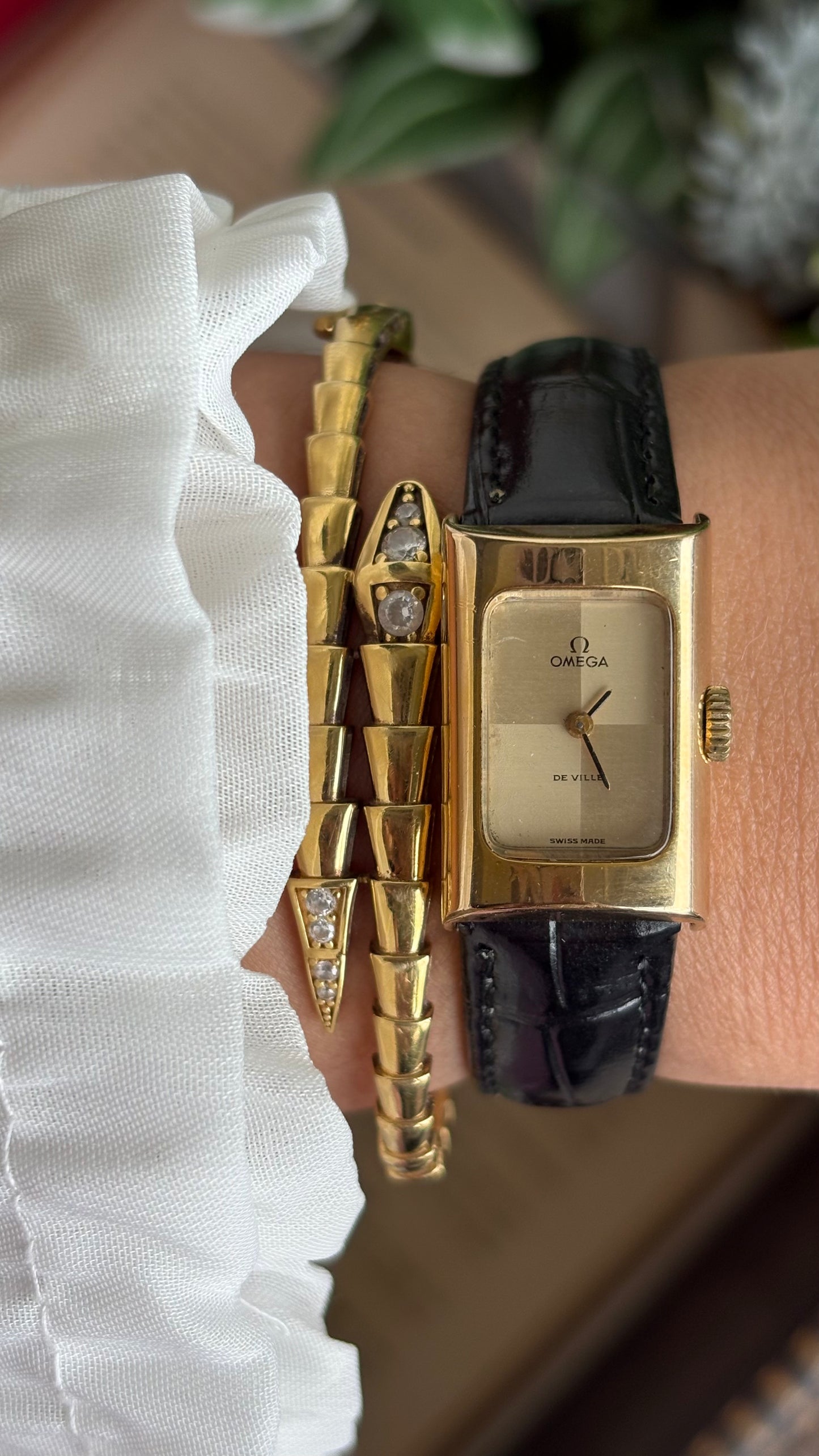 Vintage Omega De Ville Mini Tank Women’s Dress Watch in Black Leather Strap with Omega Box