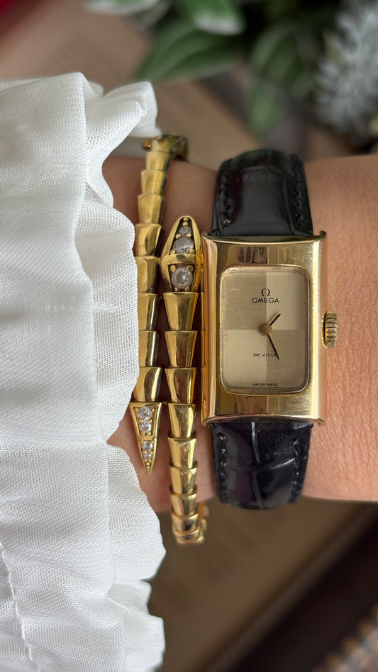 Vintage Omega De Ville Mini Tank Women’s Dress Watch in Black Leather Strap with Omega Box
