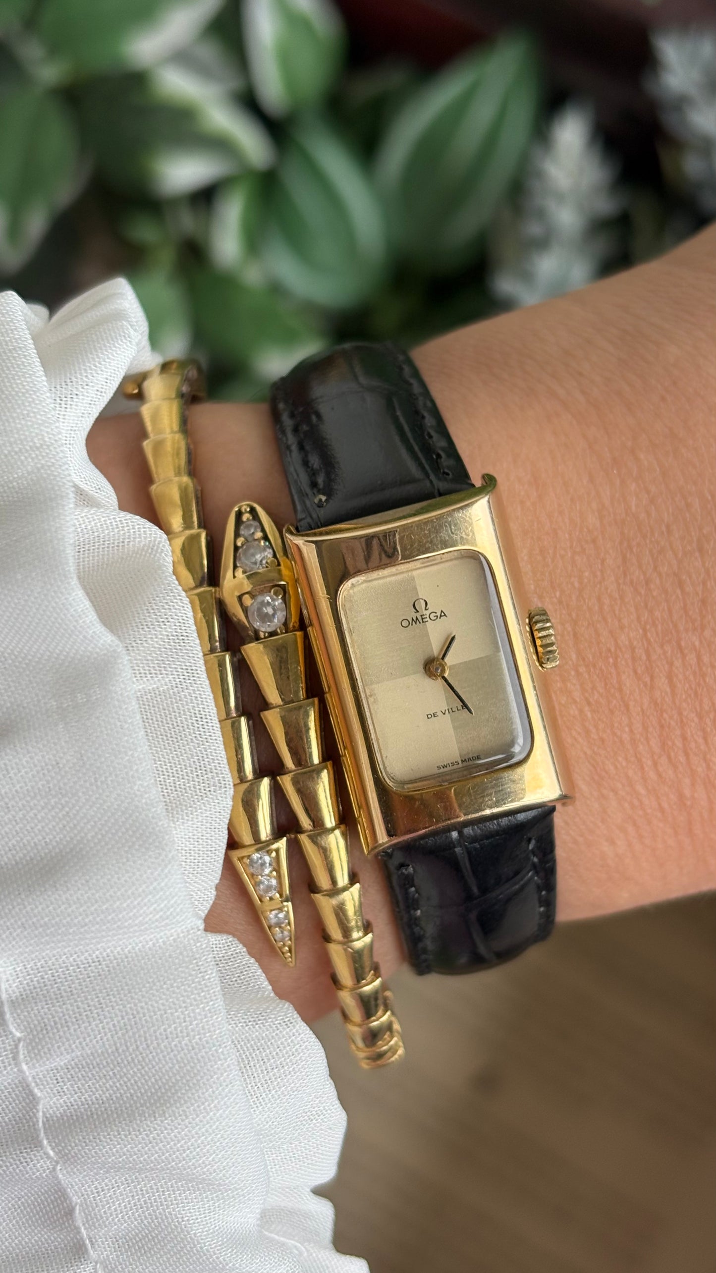 Vintage Omega De Ville Mini Tank Women’s Dress Watch in Black Leather Strap with Omega Box