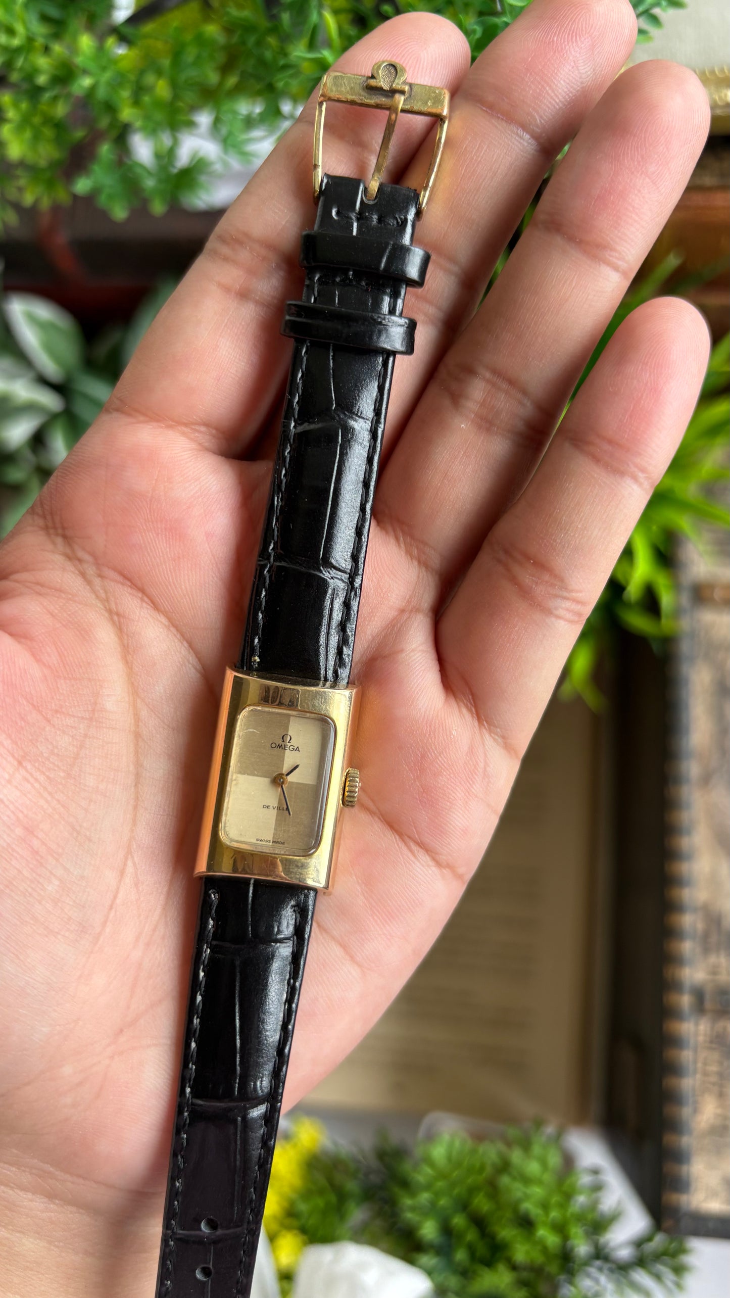 Vintage Omega De Ville Mini Tank Women’s Dress Watch in Black Leather Strap with Omega Box