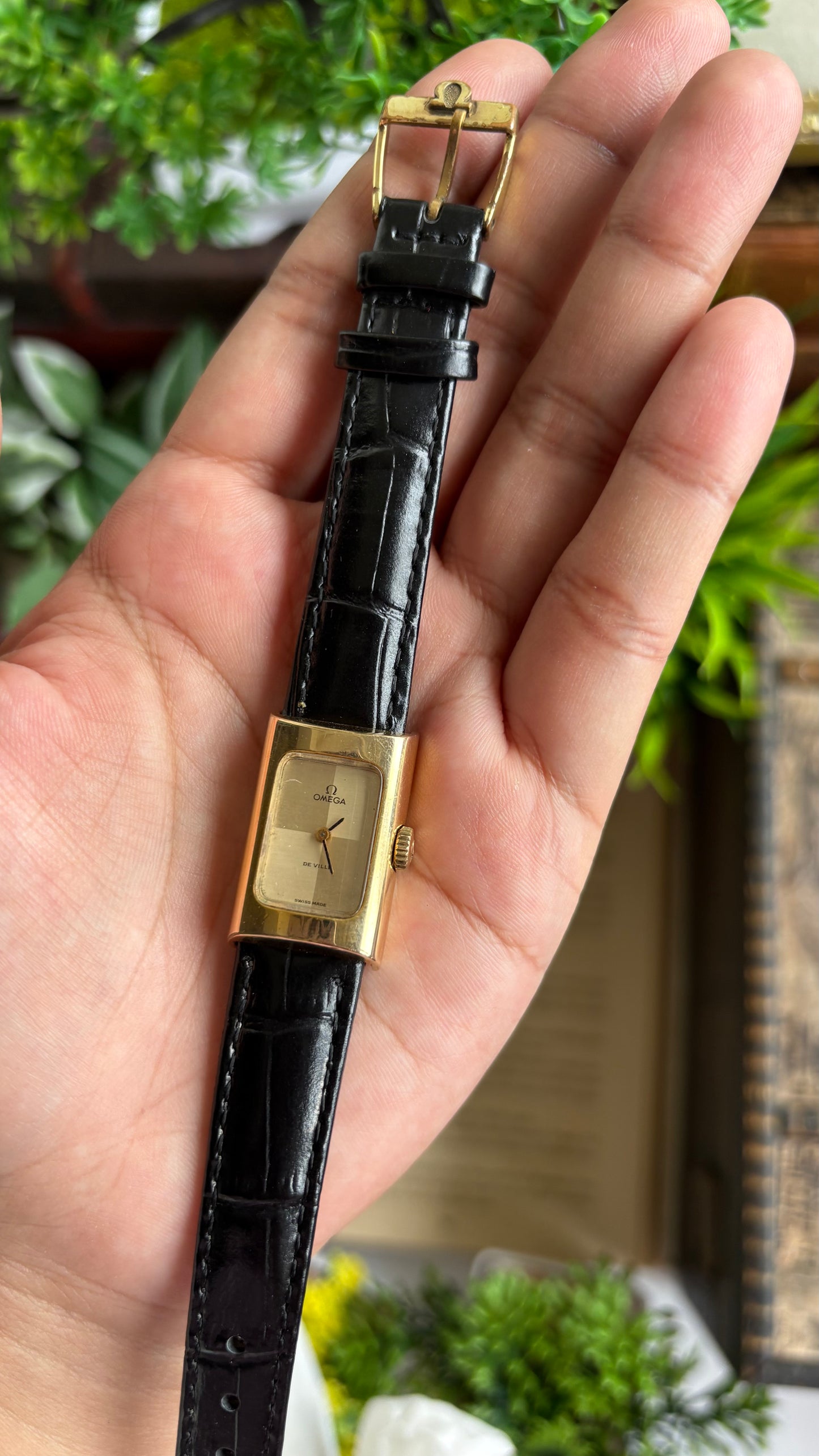 Vintage Omega De Ville Mini Tank Women’s Dress Watch in Black Leather Strap with Omega Box