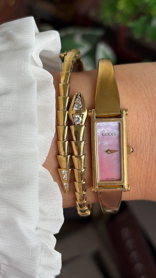 Vintage Gucci 1500L Watch in Gold Tone Mother of Pearl Pink Dial with Gucci Box