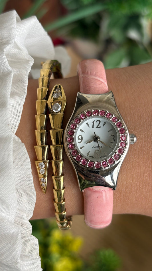 Vintage Pink Bangle Watch in Silver Tone Pink Stones