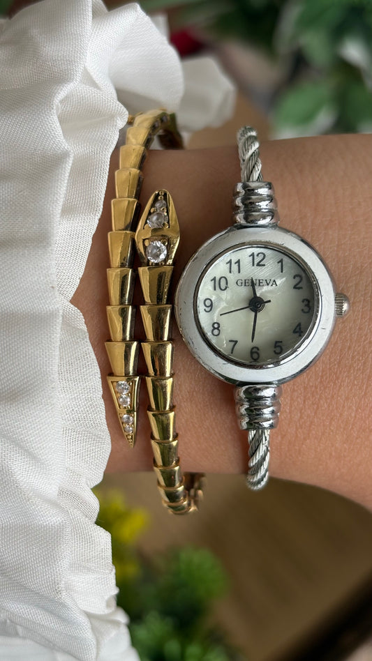 Vintage Geneva White Bezel Dainty Bangle Watch in Silver Tone