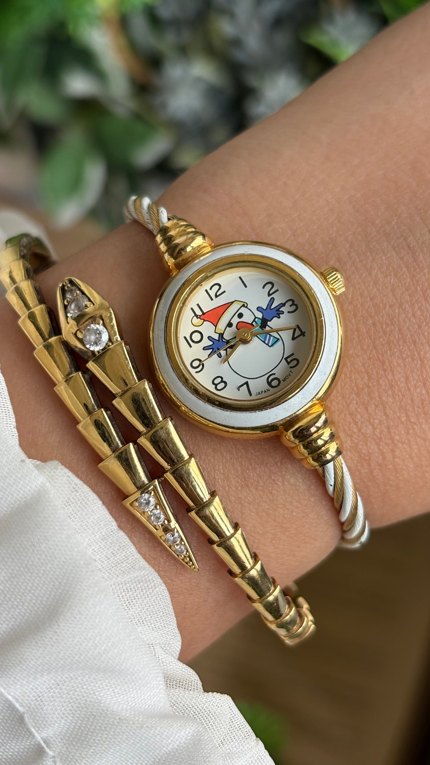 Vintage Snowman White Bezel Dainty Bangle Watch in Gold Tone
