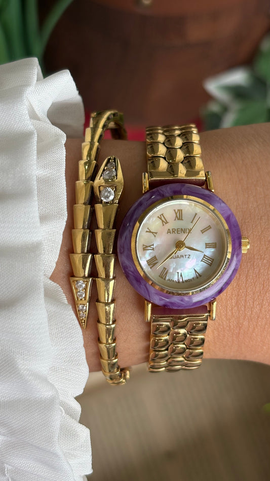 Vintage Arenix Watch in Gold Tone Amethyst Bezel Pearl Dial