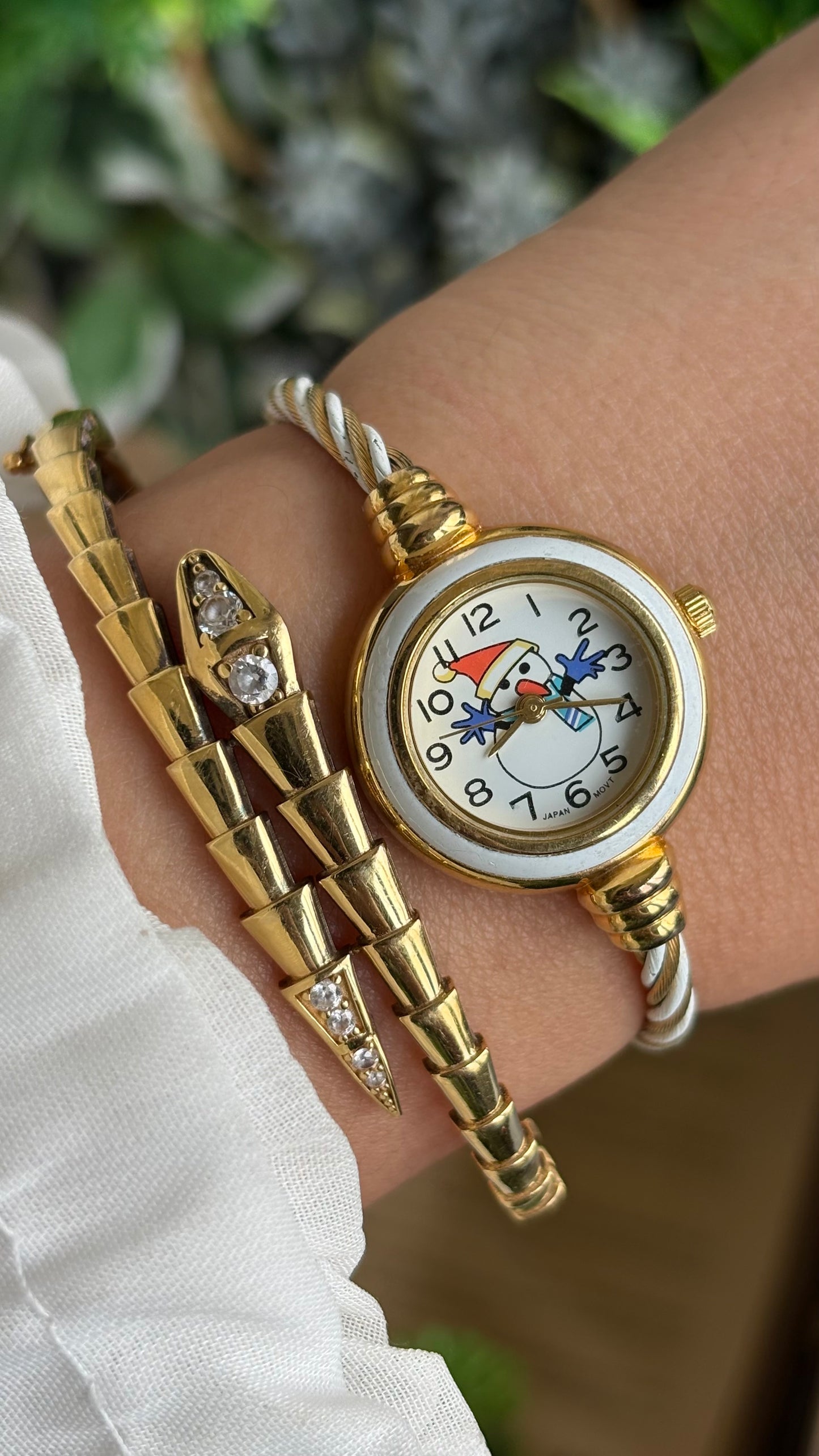 Vintage Snowman White Bezel Dainty Bangle Watch in Gold Tone