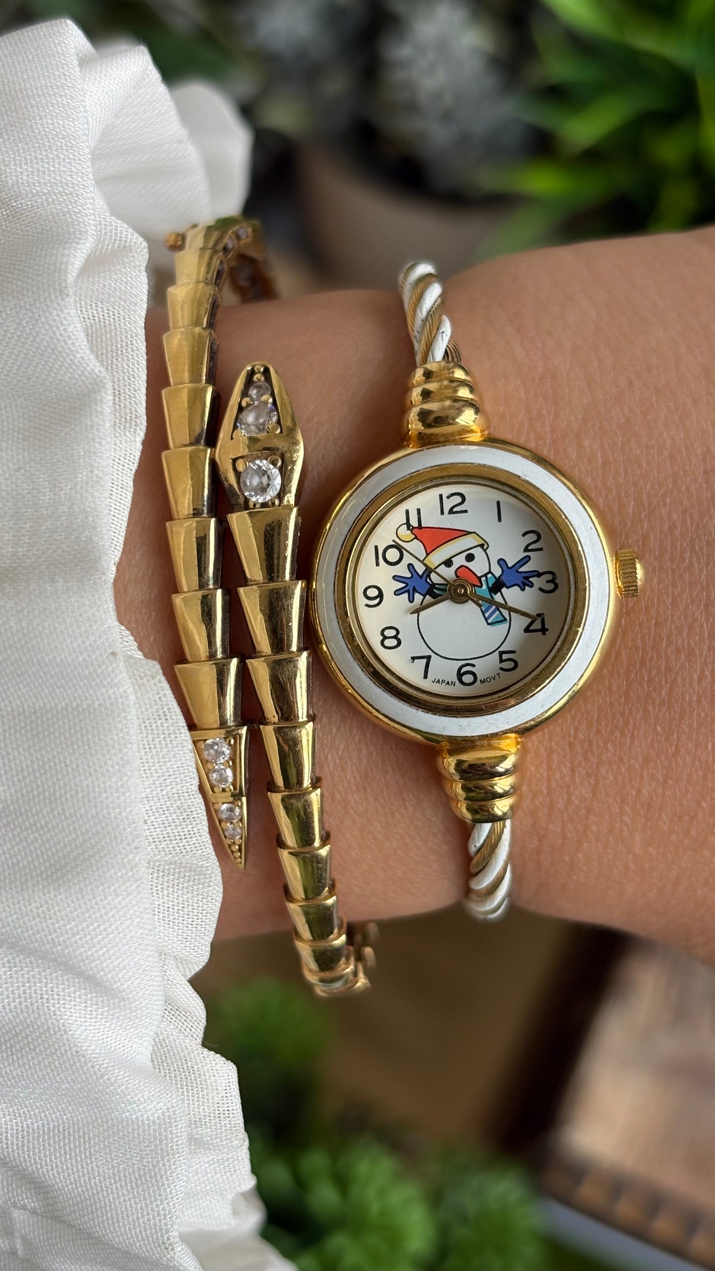 Vintage Snowman White Bezel Dainty Bangle Watch in Gold Tone