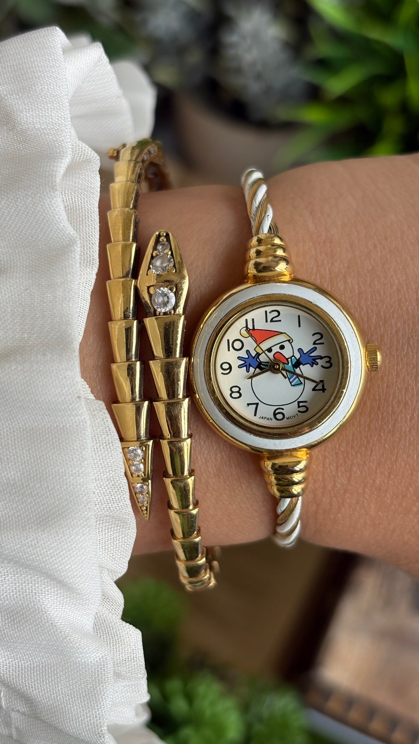 Vintage Snowman White Bezel Dainty Bangle Watch in Gold Tone