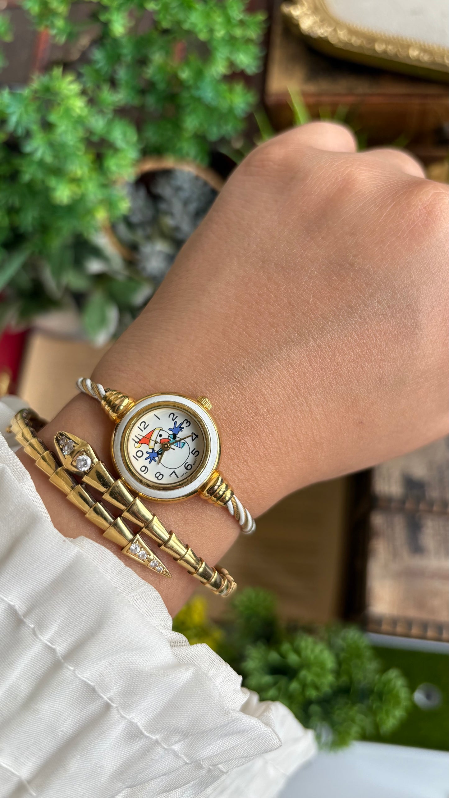 Vintage Snowman White Bezel Dainty Bangle Watch in Gold Tone