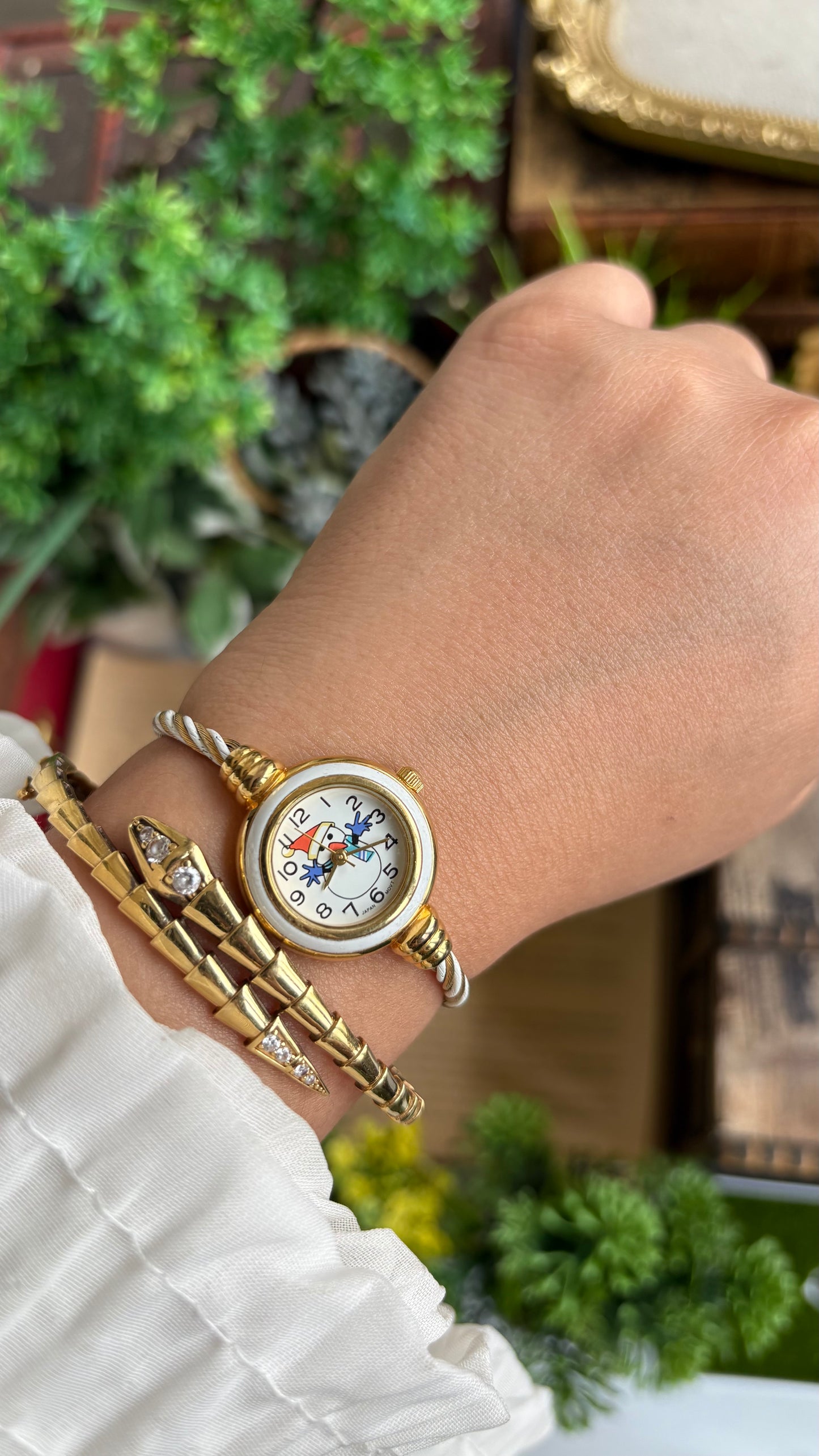 Vintage Snowman White Bezel Dainty Bangle Watch in Gold Tone