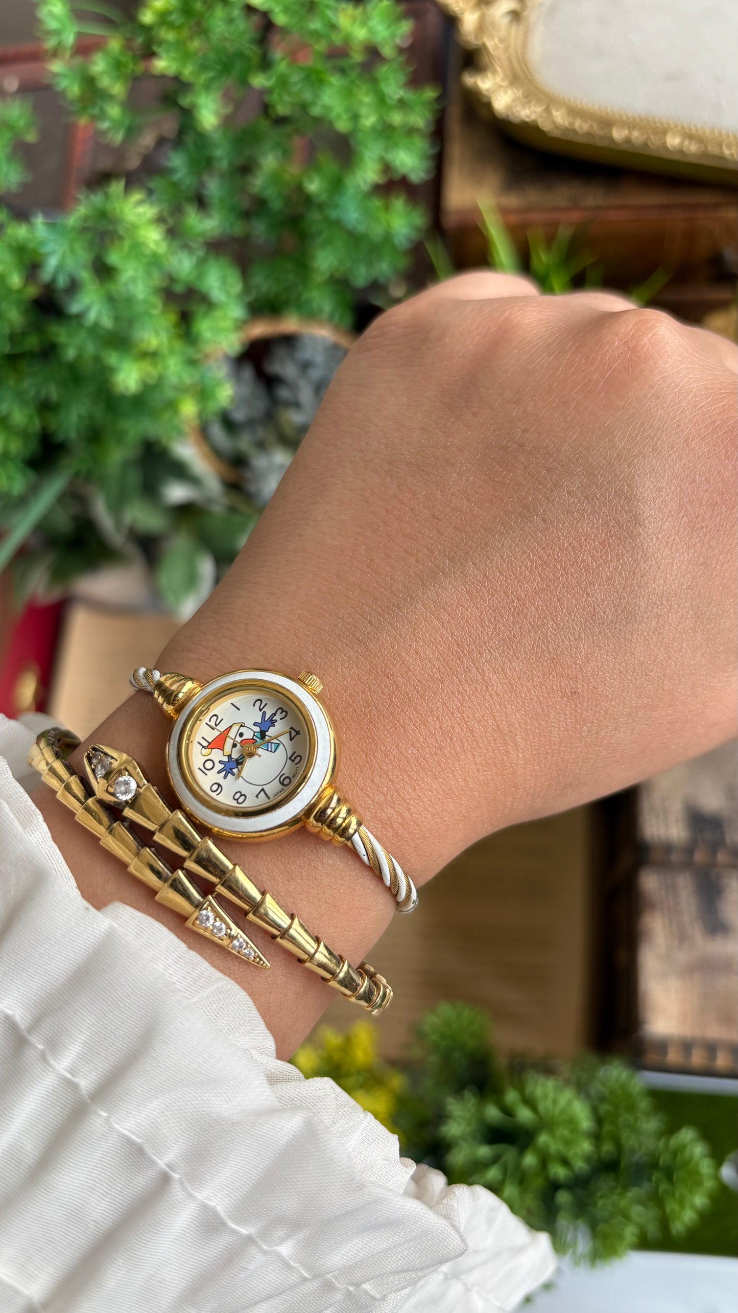 Vintage Snowman White Bezel Dainty Bangle Watch in Gold Tone