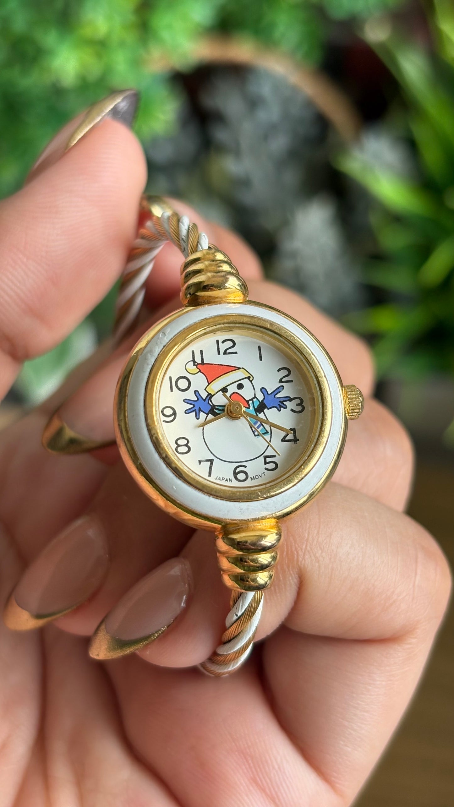 Vintage Snowman White Bezel Dainty Bangle Watch in Gold Tone