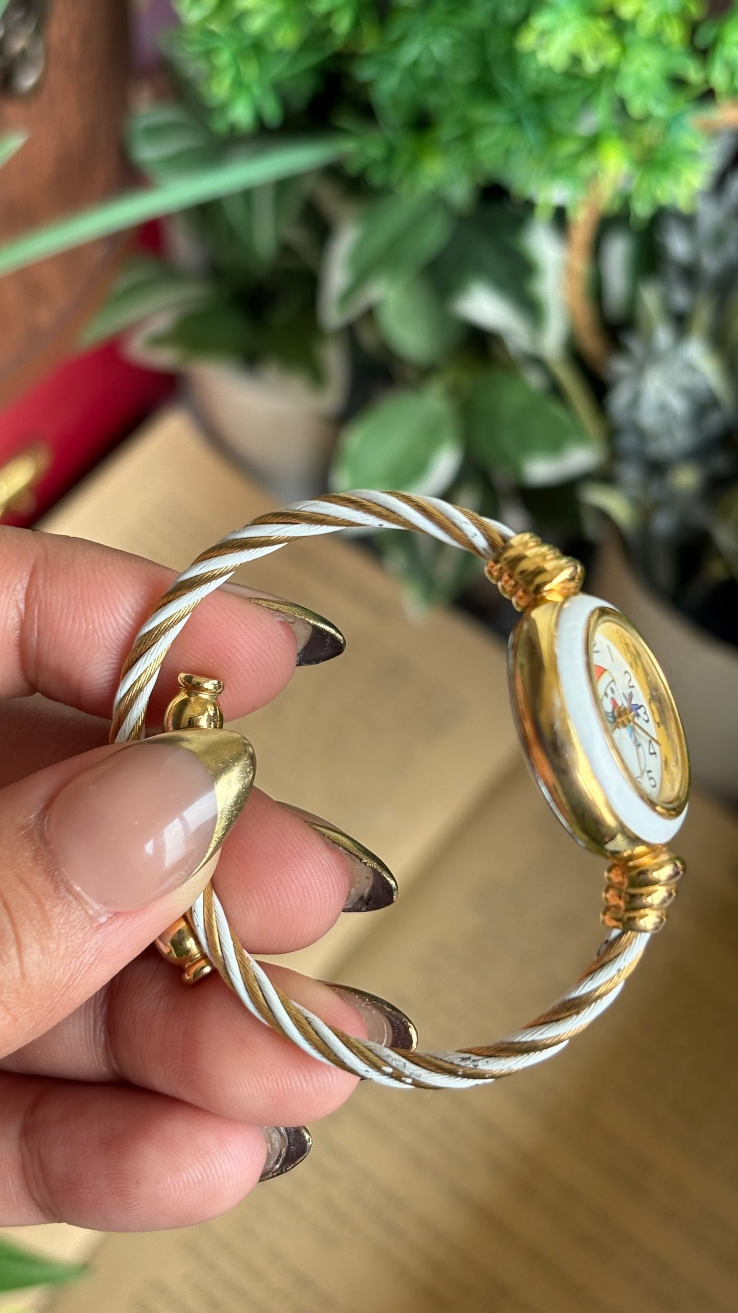 Vintage Snowman White Bezel Dainty Bangle Watch in Gold Tone