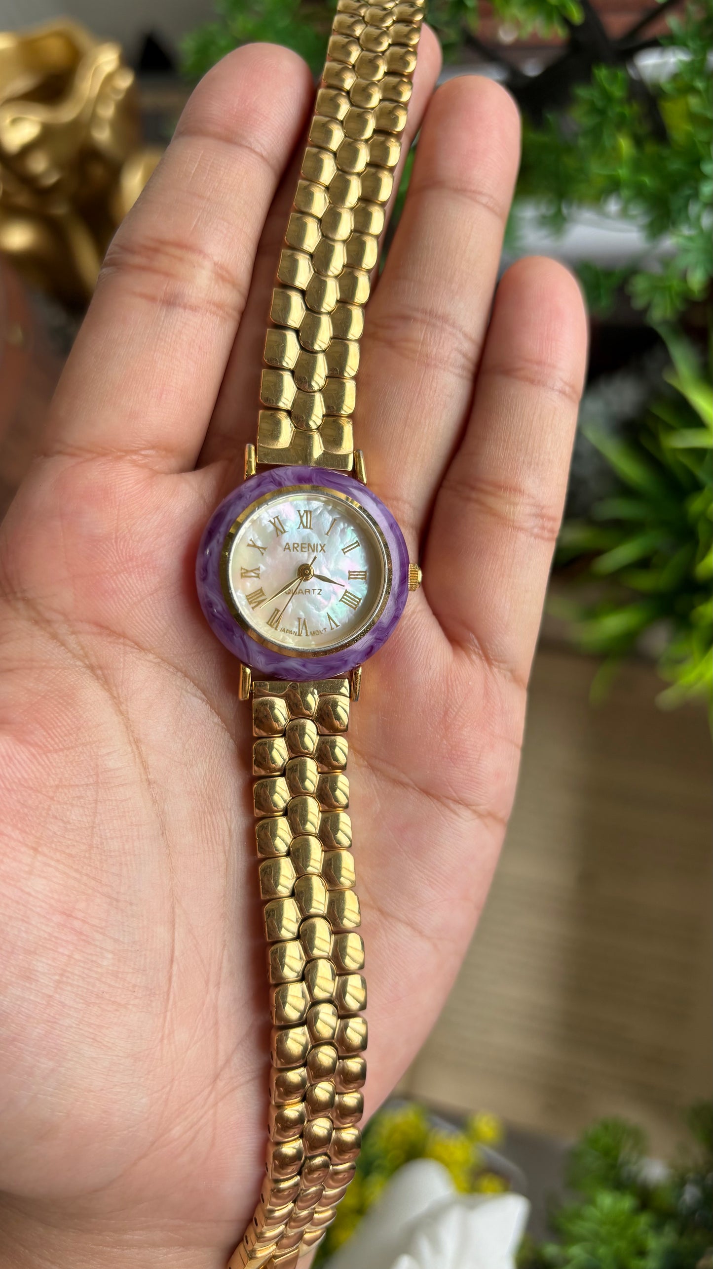 Vintage Arenix Watch in Gold Tone Amethyst Bezel Pearl Dial